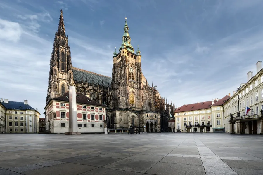 The Gothic west front and twin towers of St. Vitus Cathedral in Prague Castle